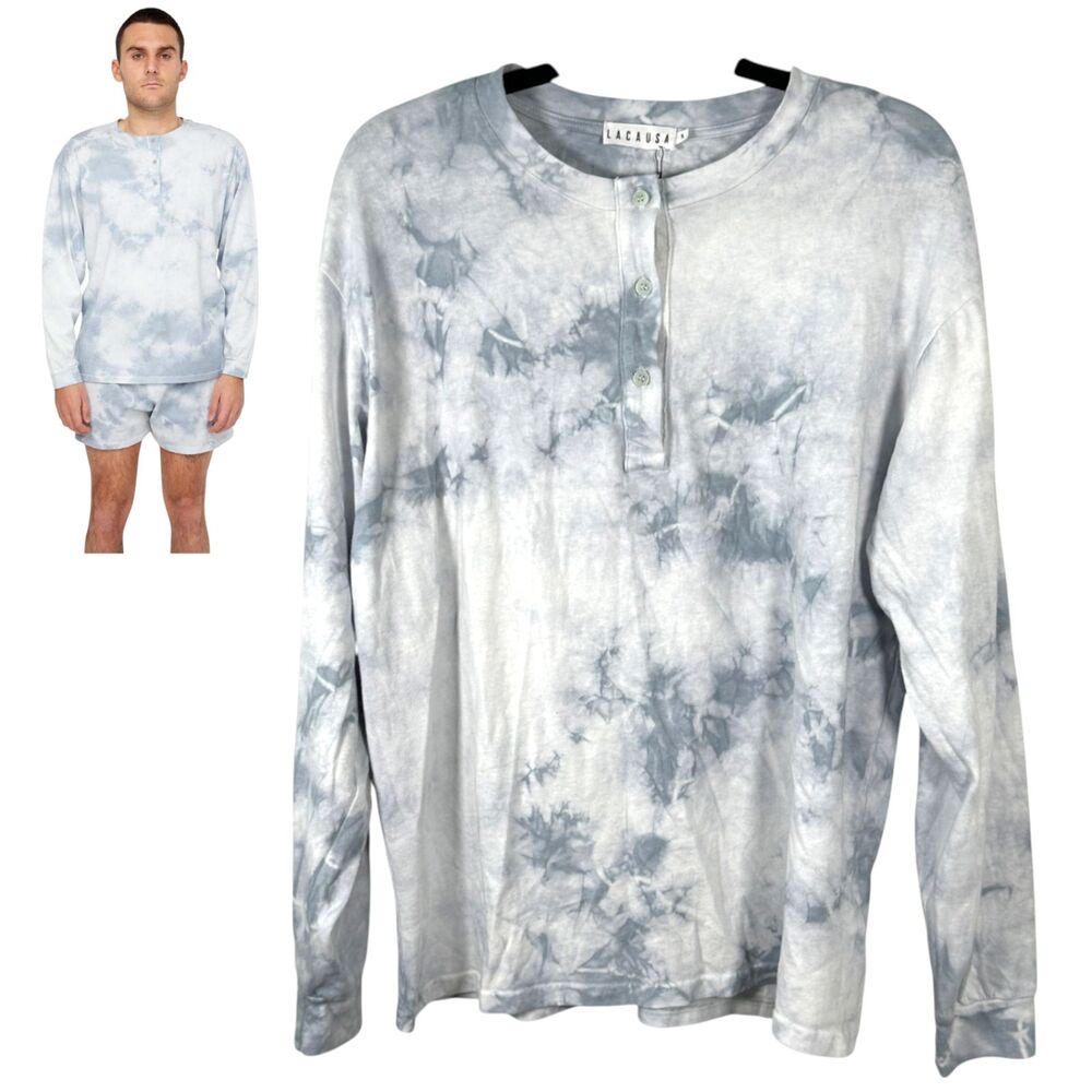Lacausa Lolo Henley Blue Tie Dye Long Sleeve Shirt Organic Cotton Small NEW